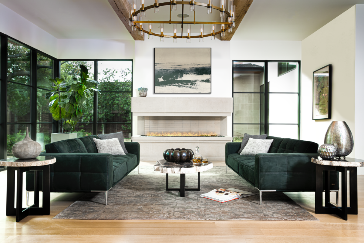 symmetrical living room with green sofas